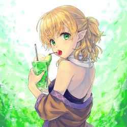 Rule 34 | 1girl, akizuki haruhi, back, bare shoulders, blonde hair, blush, breasts, cherry, commentary request, cup, drink, drinking glass, drinking straw, food, food in mouth, fruit, green eyes, highres, looking at viewer, looking to the side, medium breasts, mizuhashi parsee, mouth hold, off shoulder, pointy ears, scarf, short ponytail, solo, touhou, upper body