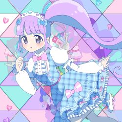 Rule 34 | 1girl, blue bow, blue dress, blunt bangs, bow, center frills, commentary request, dress, frills, hair bow, hand up, idol clothes, kuroda keeshi, long hair, looking at viewer, manaka non, open mouth, pink bow, plaid, plaid dress, pretty series, pripara, priticket, purple eyes, purple hair, shirt, side ponytail, solo, standing, standing on one leg, very long hair, white shirt