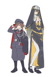 Rule 34 | 2girls, alternate costume, belt, brown hair, duel monster, exosister irene, exosister sophia, gloves, green hair, hat, height difference, highres, long hair, medium hair, military, military hat, military uniform, multiple girls, nail polish, necktie, nun, own hands together, purple eyes, shoes, shun no shun, simple background, thighhighs, traditional nun, uniform, white background, yu-gi-oh!