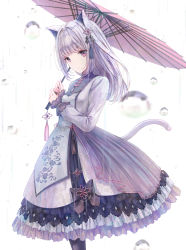 Rule 34 | 1girl, animal ear fluff, animal ears, black pantyhose, blush, breasts, cat ears, cat girl, cat tail, closed mouth, dress, frilled dress, frills, hair ornament, hands up, highres, holding, holding umbrella, long hair, long sleeves, looking at viewer, missile228, oil-paper umbrella, original, pantyhose, pink umbrella, puffy long sleeves, puffy sleeves, rain, red eyes, silver hair, sleeves past wrists, small breasts, solo, tail, umbrella, water drop, white dress