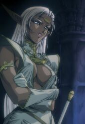 Rule 34 | armlet, brown eyes, circlet, cleavage cutout, clothing cutout, crossed arms, dark-skinned female, dark elf, dark skin, elf, gloves, long hair, non-web source, pirotess, pointy ears, record of lodoss war, stitched, third-party edit, white gloves, white hair