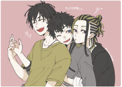 Rule 34 | 3boys, ^ ^, black hair, black shirt, blonde hair, blue eyes, closed eyes, closed mouth, coppe, earrings, grey shirt, hair bun, hair pulled back, hanagaki takemichi, hand up, highres, hug, hug from behind, imaushi wakasa, jewelry, looking at viewer, male focus, medium hair, mouth hold, multicolored hair, multiple boys, necklace, one eye closed, open mouth, pink background, purple eyes, sano shinichirou, shirt, short hair, single earring, smile, tokyo revengers, two-tone hair, upper body, yellow shirt