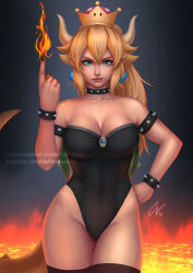 Rule 34 | 1girl, blonde hair, bowsette, bracelet, breasts, carlos vasseur, cleavage, crown, earrings, fire, horns, jewelry, large breasts, lava, mario (series), new super mario bros. u deluxe, nintendo, pointy ears, shell, solo, spiked bracelet, spikes, tail, thighs