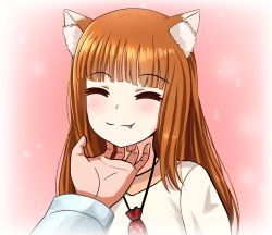 Rule 34 | 1girl, animal ear fluff, animal ears, blouse, blunt bangs, brown hair, closed eyes, commentary, english commentary, fang, hand on another&#039;s chin, highres, holo, long hair, pouch, shirt, smile, spice and wolf, stroking another&#039;s chin, the only shoe, tickling, white shirt, wolf ears