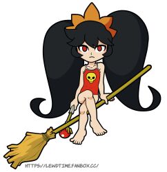 Rule 34 | 1girl, ashley (warioware), bare legs, barefoot, black hair, broom, broom riding, child, closed mouth, collarbone, crossed legs, expressionless, fanbox username, feet, female focus, full body, headdress, highres, holding, holding wand, lewdtime, long hair, looking at viewer, nintendo, one-piece swimsuit, orange headwear, red eyes, red one-piece swimsuit, simple background, skull print, solo, straight-on, swimsuit, toes, twintails, very long hair, wand, warioware, watermark, web address, white background