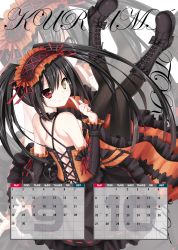 Rule 34 | 10s, 1girl, absurdres, bare shoulders, black hair, blush, boots, calendar, clock, clock eyes, cross-laced clothes, cross-laced footwear, date a live, from behind, hairband, heterochromia, highres, lace-up boots, legs up, lolita fashion, lolita hairband, looking at viewer, looking back, md5 mismatch, platform boots, platform footwear, sigemi, solo, symbol-shaped pupils, tokisaki kurumi, twintails, zoom layer