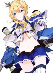 Rule 34 | 1girl, anchor, azur lane, blonde hair, blue skirt, blush, braid, capelet, eyelashes, floating hair, french braid, gloves, green eyes, hair ornament, hand on own hip, looking at viewer, miniskirt, navel, outstretched hand, parted lips, renown (azur lane), rigging, shaded face, skirt, solo, sotsunaku, standing, thighhighs, turret, white gloves, white thighhighs