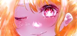 Rule 34 | 1girl, artist name, blonde hair, blush, close-up, closed mouth, commentary request, eye focus, highres, hoshino ruby, one eye closed, oshi no ko, partial commentary, pink eyes, sizu picture, solo, star-shaped pupils, star (symbol), symbol-shaped pupils