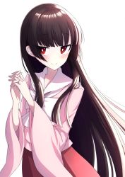 Rule 34 | 1girl, arms up, black hair, blouse, blunt bangs, blush, bow, bright pupils, commentary request, cowboy shot, highres, hime cut, houraisan kaguya, interlocked fingers, long hair, long sleeves, looking at viewer, own hands together, pink shirt, red eyes, red skirt, shirt, sidelocks, simple background, skirt, smile, solo, standing, touhou, tsukimirin, very long hair, white background, white bow, white neckwear, white pupils, wide sleeves