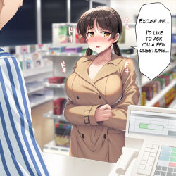 Rule 34 | 1boy, 1girl, arms under breasts, blurry, blurry background, blush, breasts, brown hair, buttons, cash register, coat, collarbone, convenience store, counter, cowboy shot, crossed arms, english text, exhibitionism, feet out of frame, female pervert, groin, hair tie, indoors, large breasts, long coat, long sleeves, looking to the side, naked coat, navel, nose blush, nude, open clothes, opened by self, original, paid reward available, parted lips, pervert, public indecency, shop, solo focus, speech bubble, standing, stomach, sweat, twintails, udonko072, yellow eyes