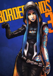 Rule 34 | 1girl, absurdres, arm tattoo, belt, black leotard, blue background, blue eyes, blue hair, blue lips, borderlands (series), borderlands 3, breasts, cleavage cutout, clenched hand, clothing cutout, commentary, contrapposto, cowboy shot, elbow gloves, english commentary, facial tattoo, fist bump, gloves, highres, hood, hoodie, leg tattoo, leotard, lips, lipstick, long hair, lowleg, lowleg pants, makeup, maya (borderlands), monori rogue, nose, pants, sidelocks, single elbow glove, siren (borderlands), sleeveless, sleeveless hoodie, small breasts, solo, tattoo