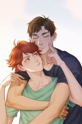 Rule 34 | 2boys, 3:, absurdres, blue shirt, blurry, brown eyes, brown hair, cheek poking, closed eyes, closed mouth, collarbone, commentary request, day, eyebrows, ginkiri art, green shirt, haikyuu!!, hand up, height difference, highres, hug, hug from behind, light smile, looking at another, male focus, multiple boys, natalia baldina, oikawa tooru (haikyuu!!), outdoors, poking, shirt, short hair, short sleeves, simple background, sunlight, upper body, ushijima wakatoshi, yaoi