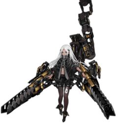 Rule 34 | 1girl, black bracelet, black capelet, black footwear, black pantyhose, black shorts, boots, capelet, closed mouth, dark-skinned female, dark skin, dual wielding, elisa (girls&#039; frontline), energy cannon, eyes visible through hair, facial mark, floating hair, forehead mark, full body, girls&#039; frontline, gun, hair ornament, headgear, holding, huge weapon, infukun, insignia, long hair, looking at viewer, navel, official art, pantyhose, pentagram, puffy shorts, sangvis ferri, science fiction, shorts, simple background, solo, standing, third-party source, transparent background, v-shaped eyebrows, weapon, white hair