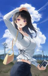 Rule 34 | 1girl, :d, arm up, bag, black hair, black pants, black ribbon, blouse, blue sky, blunt bangs, blush, breasts, camera, cloud, cowboy shot, day, earrings, fence, frilled sleeves, frills, hair ornament, highres, holding, holding camera, jewelry, large breasts, lighthouse, long hair, long sleeves, looking at viewer, midriff peek, mole, mole under eye, necklace, open mouth, original, outdoors, pants, paran, purple eyes, ribbon, road sign, shirt, shoulder bag, sign, sky, smile, symbol in eye, white shirt, x hair ornament
