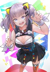 Rule 34 | 1girl, absurdres, black dress, blue eyes, blunt bangs, breasts, claw pose, cleavage, cleavage cutout, clothing cutout, dress, fang, floating hair, highres, kaguya luna, medium breasts, medium hair, neonbeat, open hands, open mouth, solo, the moon studio, twintails, virtual youtuber