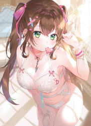 Rule 34 | 1girl, bandaid, bandaid hair ornament, bare shoulders, blush, bra, breasts, brown hair, candy, chocolate, chocolate heart, cleavage, collarbone, commentary request, day, fishnet gloves, fishnets, food, food in mouth, garter belt, gloves, green eyes, hair ornament, hair ribbon, hanamori healthy, hand on own thigh, heart, heart hair ornament, highres, indoors, jewelry, large breasts, lingerie, long hair, melty+, navel, omelet tomato, panties, pendant, pink ribbon, ribbon, sidelocks, solo, standing, twintails, underwear, valentine, virtual youtuber, white bra, white panties, window, wristband