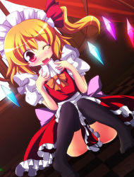 Rule 34 | 1girl, alternate costume, apron, black thighhighs, blonde hair, blush, bow, dress, embodiment of scarlet devil, enmaided, fang, female focus, flandre scarlet, frills, geo (yukishitadou), hair bow, maid, maid apron, maid headdress, one eye closed, open mouth, red eyes, ribbon, short hair, side ponytail, sitting, solo, thighhighs, touhou, wings, wink