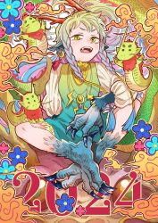 Rule 34 | 1girl, 2024, animal feet, animal hands, antlers, blue hair, braid, chinese zodiac, claws, creature, dated, dragon, dragon girl, dragon tail, ear piercing, earrings, elbow rest, fangs, floating hair, flower, flower (symbol), full body, gradient hair, green hair, green shirt, hair tubes, highres, horns, indian style, jewelry, long hair, long sleeves, looking at viewer, monster girl, multicolored background, multicolored hair, neck fur, necklace, open mouth, orange background, original, piercing, pink hair, pointy ears, puffy long sleeves, puffy sleeves, sharp teeth, shirt, short eyebrows, sitting, solo, tail, tassel, tassel earrings, teeth, tonami shou, twin braids, very long hair, whorled clouds, year of the dragon, yellow eyes