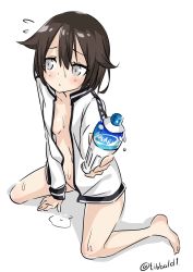 Rule 34 | 10s, 1girl, bad id, bad twitter id, bare legs, barefoot, blush, bottle, bottomless, breasts, brown hair, collarbone, ebifurya, eyebrows, flying sweatdrops, full body, grey eyes, hair flaps, hayasui (kancolle), highres, holding, holding bottle, inactive account, jacket, kantai collection, kneeling, long sleeves, looking away, looking to the side, naked jacket, no bra, no pants, open clothes, shadow, shorts, simple background, small breasts, solo, sweat, track jacket, twitter username, water, white background
