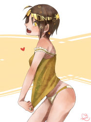 Rule 34 | 1girl, bare shoulders, breasts, brown hair, frills, heart, highres, norma beatty, open mouth, panties, short hair, tales of (series), tales of legendia, tank top, underwear, yellow eyes