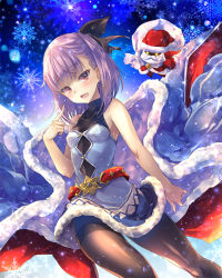 Rule 34 | 1girl, belt, black bow, blue coat, blue dress, blush, bow, breasts, coat, colonel olcott (fate), dress, fate/grand order, fate/grand order arcade, fate (series), fur-trimmed coat, fur-trimmed dress, fur trim, hair bow, helena blavatsky (christmas) (fate), helena blavatsky (fate), hood, hooded coat, kobayashi yoshitaka, looking at viewer, open clothes, open coat, open mouth, pantyhose, purple eyes, purple hair, sack, short hair, sleeveless, sleeveless dress, small breasts, smile, snowflakes, snowing, sparkle, thighband pantyhose, thighs