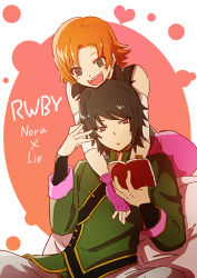 Rule 34 | 1boy, 1girl, aqua eyes, arms around neck, book, changpao, character name, chinese clothes, copyright name, detached sleeves, fingerless gloves, gloves, green jacket, heart, jacket, lie ren, moai (moai world), nora valkyrie, open book, open mouth, pink eyes, pink gloves, pink skirt, reading, rwby, short hair, skirt, smile