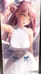 1girl absurdres armpits blue_archive blush breasts commentary dress english_commentary flower hair_bun hair_flower hair_ornament hair_scrunchie halo high-waist_skirt highres kenn_artz looking_at_viewer mika_(blue_archive) mirror mixed-language_commentary open_mouth original paid_reward_available pink_hair pink_halo purple_flower scrunchie single_side_bun skirt sleeveless sleeveless_dress solo white_dress white_scrunchie white_wings wings yellow_eyes