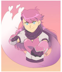 Rule 34 | 1girl, blue eyes, clenched hands, commentary, dated, gradient background, gradient scarf, hair ornament, heart, heart hair ornament, heartful punch, highres, kaguras-art, long hair, pink hair, pink scarf, scarf, simple background, sleepless domain, smile, solo, symbol-only commentary, upper body, white scarf