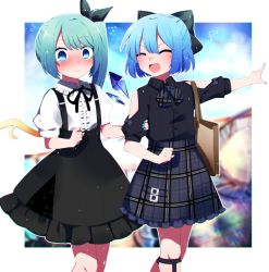 Rule 34 | 2girls, absurdres, alternate costume, bag, black shirt, black skirt, blue bow, blue eyes, blue hair, blush, bow, cirno, daiyousei, detached wings, eighth note, closed eyes, fairy, fairy wings, feet out of frame, flying sweatdrops, green hair, hair between eyes, hair bow, highres, ice, ice wings, jirai kei, long hair, multiple girls, musical note, open mouth, plaid, plaid skirt, shirt, short hair, short sleeves, side ponytail, skirt, smile, suspender skirt, suspenders, touhou, white shirt, wings, you (noanoamoemoe)