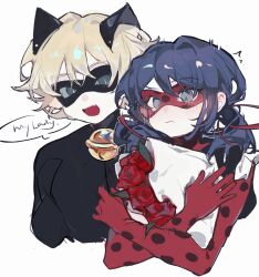 Rule 34 | 1boy, 1girl, animal ears, bell, black bodysuit, black mask, blonde hair, blue eyes, blue hair, blush, bodysuit, cat ears, chat noir, chinese commentary, closed mouth, commentary request, domino mask, english text, fake animal ears, flower, grey eyes, highres, ladybug (character), mask, mengtunshaojing, miraculous ladybug, neck bell, open mouth, polka dot, red bodysuit, red flower, red mask, red rose, rose, short hair, simple background, smile, speech bubble, white background