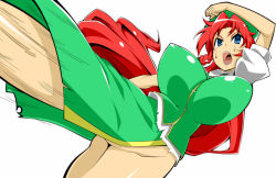 Rule 34 | 1girl, blue eyes, braid, breasts, chinese clothes, female focus, hong meiling, huge breasts, impossible clothes, kicking, long hair, no panties, red hair, simple background, solo, speed lines, sweat, toudori, touhou, white background