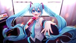 Rule 34 | 1girl, :d, black skirt, black sleeves, blue eyes, blue hair, blue necktie, blush, breasts, collared shirt, detached sleeves, dress shirt, floating hair, grey shirt, hair between eyes, hair ornament, hatsune miku, highres, holding, holding microphone, indoors, karaoke box, long hair, long sleeves, looking at viewer, medium breasts, microphone, miniskirt, music, nagura shiro, necktie, open mouth, outstretched arm, pleated skirt, reaching, reaching towards viewer, shirt, singing, skirt, sleeveless, sleeveless shirt, smile, solo, standing, twintails, very long hair, vocaloid, wing collar
