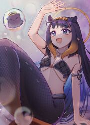 Rule 34 | 1girl, absurdres, aivysu, arm up, bikini, blue eyes, blurry, blurry foreground, blush, bubble, fang, flat chest, highres, hololive, hololive english, jewelry, long hair, looking up, mermaid, mole, mole under eye, monster girl, multicolored hair, necklace, ninomae ina&#039;nis, open mouth, orange hair, pointy ears, purple hair, swimsuit, takodachi (ninomae ina&#039;nis), very long hair, virtual youtuber