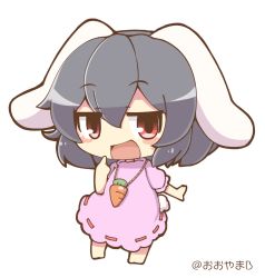 Rule 34 | animal ears, barefoot, black hair, blush stickers, carrot necklace, chibi, dress, floppy ears, inaba tewi, medium hair, necklace, ooyama bokuchi, open mouth, pink dress, rabbit ears, rabbit tail, red eyes, simple background, tail, touhou, white background