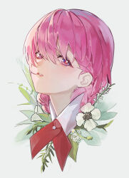 Rule 34 | 1girl, blue eyes, braid, cropped head, cross tie, flower, flower request, hair behind ear, hair in own mouth, head back, highres, kaf (kamitsubaki studio), kamitsubaki studio, looking at viewer, loose hair strand, multicolored eyes, necktie, parted lips, pink hair, red eyes, red necktie, shiraishi kanoya, sidelighting, simple background, solo, twin braids, virtual youtuber, white background, white flower, yellow pupils