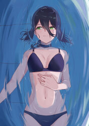 Rule 34 | 1girl, absurdres, afloat, bikini, black bikini, black choker, breasts, chainsaw man, choker, commentary, from above, green eyes, groin, hair between eyes, half-closed eyes, hand on own stomach, highres, looking to the side, lying, medium breasts, navel, on back, pool, reze (chainsaw man), ruha (ruha12haru), short hair, smile, solo, swimsuit, water