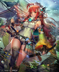 Rule 34 | 1girl, armor, armpits, asymmetrical legwear, bare shoulders, bird, blush, branch, breasts, clenched hand, crown, detached sleeves, feather hair ornament, feathers, fingernails, flower, green eyes, hair ornament, holding, holding sword, holding weapon, impossible clothes, katana, large breasts, liduke, long hair, looking at viewer, official art, outdoors, parted lips, red hair, sengoku saga, short shorts, shorts, single thighhigh, solo, standing, sword, thighhighs, uneven legwear, walking, watermark, weapon, x hair ornament