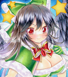 1girl black_hair black_wings blue_background blush bow bowtie breasts capelet christmas cleavage closed_mouth commentary_request fur_trim green_bow green_capelet hair_bow large_breasts long_hair looking_at_viewer marker_(medium) nekofish666 red_bow red_bowtie red_eyes reiuji_utsuho santa_costume smile solo star_(symbol) touhou traditional_media twitter_username upper_body v-shaped_eyebrows wings