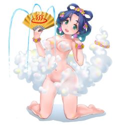 Rule 34 | 1girl, blue hair, breasts, censored, character request, collarbone, copyright request, earrings, flower, flower bracelet, green eyes, hair flower, hair ornament, hand fan, himeshaga, jewelry, kneeling, long sleeves, looking at viewer, medium breasts, navel, nude, open mouth, paper fan, shadow, simple background, solo, white background, wreath