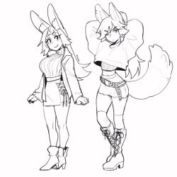 Rule 34 | 2girls, animal ears, artist name, belt, boots, breasts, crop top, fox ears, fox girl, fox tail, greyscale, high heel boots, high heels, highres, jacket, large breasts, monochrome, multiple girls, navel, open clothes, open jacket, original, rabbit ears, rabbit girl, rob ishi, shoes, skirt, smile, standing, sweater tucked in, tail, torn clothes, torn skirt