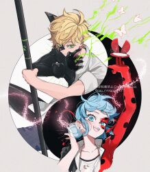 1boy 1girl adrien_agreste animal_ears black_bodysuit black_mask blonde_hair blue_eyes blue_hair bodysuit bug butterfly cat_boy cat_ears chat_noir earrings green_eyes highres holding holding_weapon insect jewelry ladybug_(character) looking_at_viewer marinette_dupain-cheng miraculous_ladybug open_mouth red_bodysuit red_mask seio_(nao_miragggcc45) shirt short_hair short_twintails smile superhero_costume twintails upper_body weapon white_shirt yin_yang
