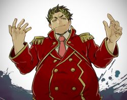 Rule 34 | 1boy, arms at sides, belly, buttons, collared shirt, epaulettes, fat, fat man, fate/grand order, fate (series), green eyes, jacket, jewelry, jigoku meguri, gaius julius caesar (fate), laurel crown, looking at viewer, male focus, military, military uniform, multiple rings, necktie, pink necktie, red jacket, ring, shirt, smile, solo, undershirt, uniform, upper body