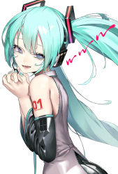 Rule 34 | 1girl, aqua hair, aqua nails, bad id, bad pixiv id, bare arms, bare shoulders, character name, collared shirt, crying, crying with eyes open, detached sleeves, eyelashes, facing viewer, fingernails, floating hair, furrowed brow, grey shirt, hair between eyes, half-closed eyes, hands on own chest, hands up, hatsune miku, headset, highres, lips, long hair, looking afar, microphone, nail polish, number tattoo, parted lips, rsk (tbhono), shaded face, shiny clothes, shiny skin, shirt, shoulder tattoo, sidelocks, simple background, sleeveless, sleeveless shirt, solo, tareme, tattoo, tears, teeth, twintails, upper body, vocaloid, white background