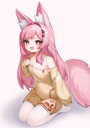 Rule 34 | 1girl, :3, :d, absurdres, animal ear fluff, animal ears, arm at side, breasts, bright pupils, cleavage, clothes grab, dress, eyelashes, fang, fluffy, fox ears, fox girl, fox tail, full body, go-sai tamanegi, hair intakes, hair ornament, hairclip, hand up, heart, heart-shaped pupils, heart hair ornament, highres, long hair, long sleeves, medium breasts, no bra, no nose, no shoes, off shoulder, open mouth, original, pantyhose, pink hair, red eyes, seiza, shadow, short eyebrows, simple background, single bare shoulder, sitting, sleeves past fingers, sleeves past wrists, small breasts, smile, solo, swept bangs, symbol-shaped pupils, tail, white background, white pantyhose, white pupils, x hair ornament, yellow dress