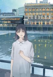 Rule 34 | 1girl, black hair, building, buttons, collared dress, commentary request, cowboy shot, dress, grey eyes, hand up, kyoto, looking at viewer, medium hair, original, outdoors, parted lips, railing, real world location, reflection, reflective water, river, short sleeves, solo, wamizu, white dress