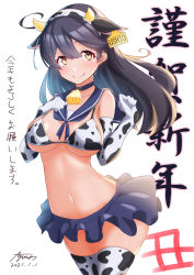 Rule 34 | 1girl, absurdres, animal print, ayuman, bell, black hair, blush, brown eyes, closed mouth, cow horns, cow print, cow print bikini, cowbell, cowboy shot, dated, elbow gloves, gloves, hair between eyes, highres, horns, kantai collection, long hair, print bikini, signature, simple background, smile, solo, thighhighs, ushio (kancolle), white background, white gloves
