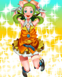 Rule 34 | 1girl, agata no michi, belt, boots, female focus, goggles, green eyes, green hair, gumi, jumping, matching hair/eyes, open mouth, skirt, smile, solo, vocaloid