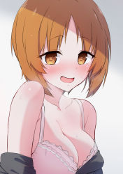 Rule 34 | 1girl, black shirt, blush, bra, breasts, brown eyes, brown hair, cleavage, clothes pull, collarbone, girls und panzer, grey background, highres, lace, lace-trimmed bra, lace trim, large breasts, looking at viewer, nagomiya (shousha), nishizumi miho, open mouth, pink bra, shirt, shirt pull, short hair, smile, solo, sweat, sweatdrop, underwear, upper body