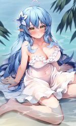 Rule 34 | 1girl, ahoge, bare arms, bare legs, barefoot, blue hair, blush, braid, breasts, cleavage, covered navel, crossed bangs, dress, elf, flower, hair flower, hair ornament, half updo, heart, heart ahoge, highres, hololive, large breasts, long hair, looking away, multicolored hair, parted lips, pinki o64, pointy ears, sitting, sitting on water, solo, streaked hair, very long hair, virtual youtuber, water, white dress, white flower, yellow eyes, yukihana lamy