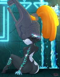 Rule 34 | 1girl, artist name, ass, back, black skin, blurry, blurry background, breasts, closed mouth, colored skin, completely nude, covered eyes, demon girl, fang, fang out, female focus, from behind, full body, glowing, grey headwear, helmet, high ponytail, highres, indoors, medium hair, midna, multicolored skin, neon trim, nintendo, no nipples, nude, orange hair, pointy ears, profile, signature, sitting, small breasts, solo, the legend of zelda, the legend of zelda: twilight princess, throat (artist), two-tone skin, water, white skin, wide hips